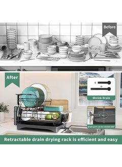 Yoawllty Dish Drying Rack, 2-Tier Dish Drying Stand, Rustproof Dish Drainer Dish Rack, Kitchen Plates Organizer with Utensil Holder, Cups Holder (Black)  - Image 3