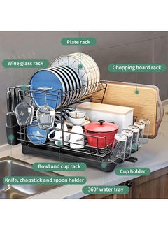 Yoawllty Dish Drying Rack, 2-Tier Dish Drying Stand, Rustproof Dish Drainer Dish Rack, Kitchen Plates Organizer with Utensil Holder, Cups Holder (Black)  - Image 5