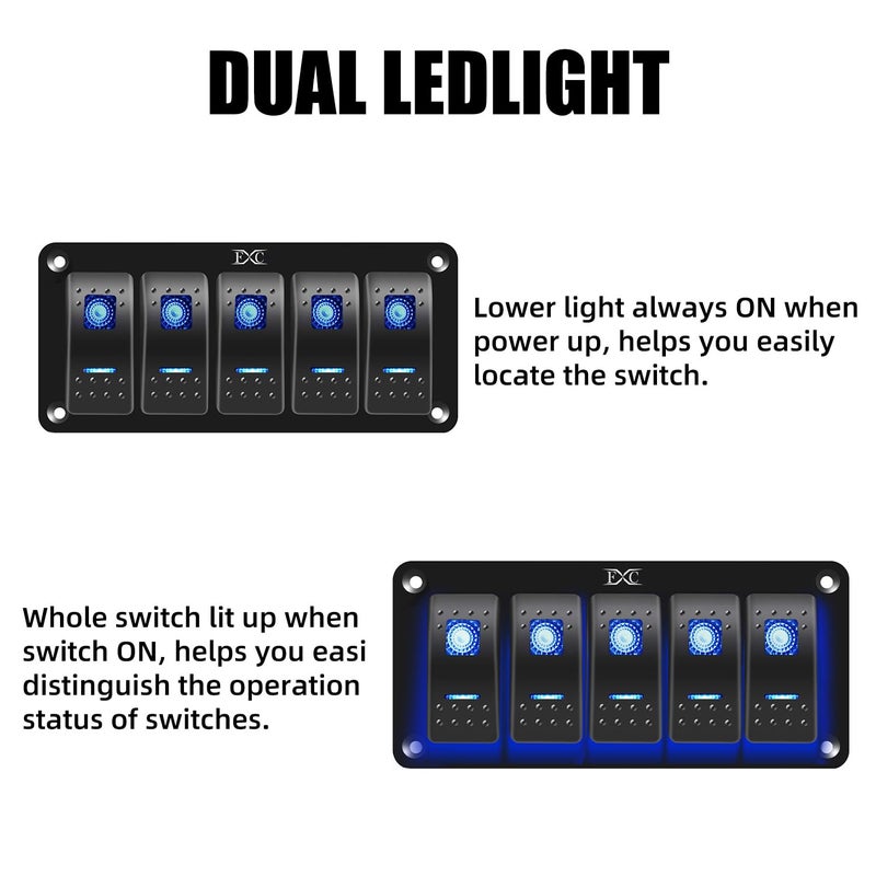 FXC Prewired 5 Gang Rocker Switch Panel with Blue LED for Marine and Automotive Use - Image 3