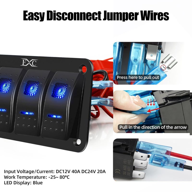 FXC Prewired 5 Gang Rocker Switch Panel with Blue LED for Marine and Automotive Use - Image 5