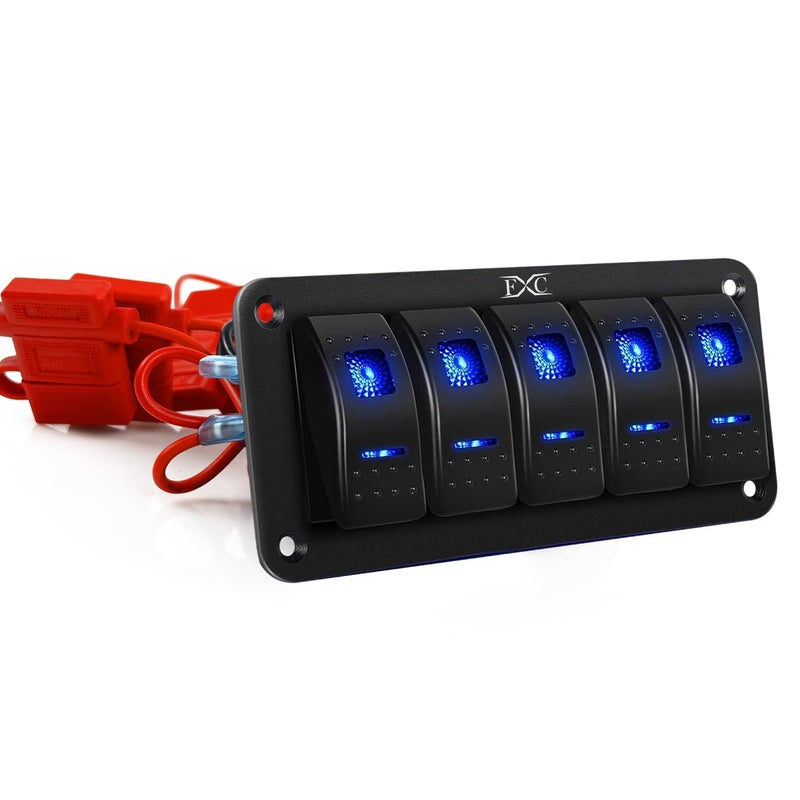 FXC Prewired 5 Gang Rocker Switch Panel with Blue LED for Marine and Automotive Use - Image 1
