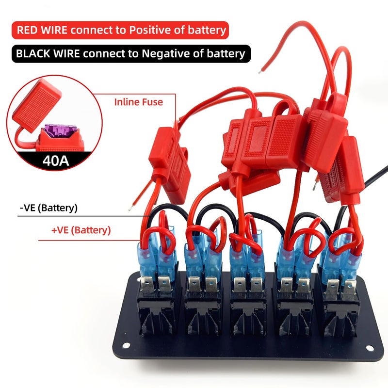FXC Prewired 5 Gang Rocker Switch Panel with Blue LED for Marine and Automotive Use - Image 4
