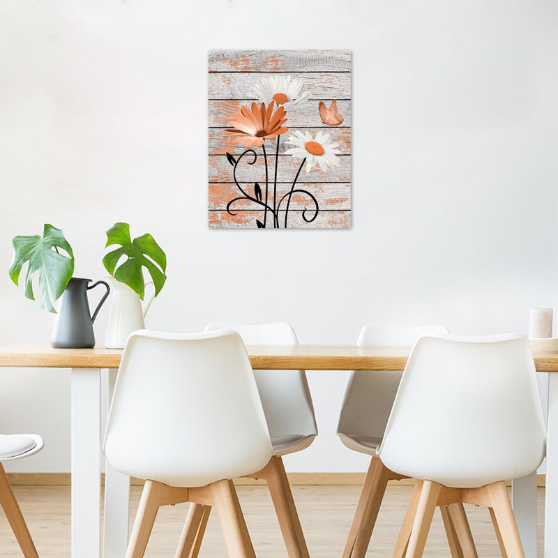 HVEST Farmhouse Orange Floral Wall Art for Living Room, Daisy Flower and Butterfly on Rustic Wood Pictures Wall Decor Nature Plant Framed Canvas Wall Art for Bedroom Bathroom Decor,16L X 12W inches - Image 3