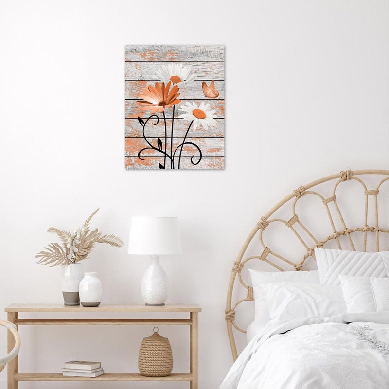 HVEST Farmhouse Orange Floral Wall Art for Living Room, Daisy Flower and Butterfly on Rustic Wood Pictures Wall Decor Nature Plant Framed Canvas Wall Art for Bedroom Bathroom Decor,16L X 12W inches - Image 5