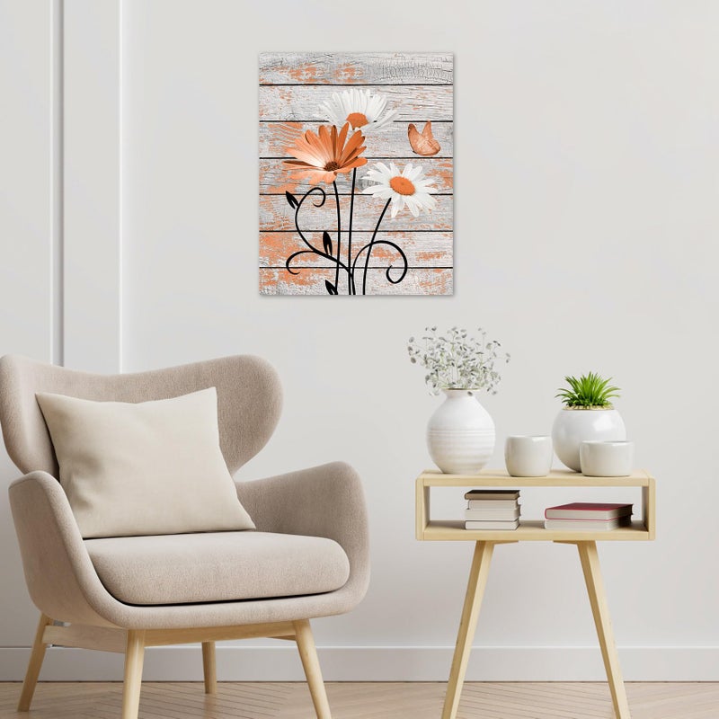 HVEST Farmhouse Orange Floral Wall Art for Living Room, Daisy Flower and Butterfly on Rustic Wood Pictures Wall Decor Nature Plant Framed Canvas Wall Art for Bedroom Bathroom Decor,16L X 12W inches - Image 4