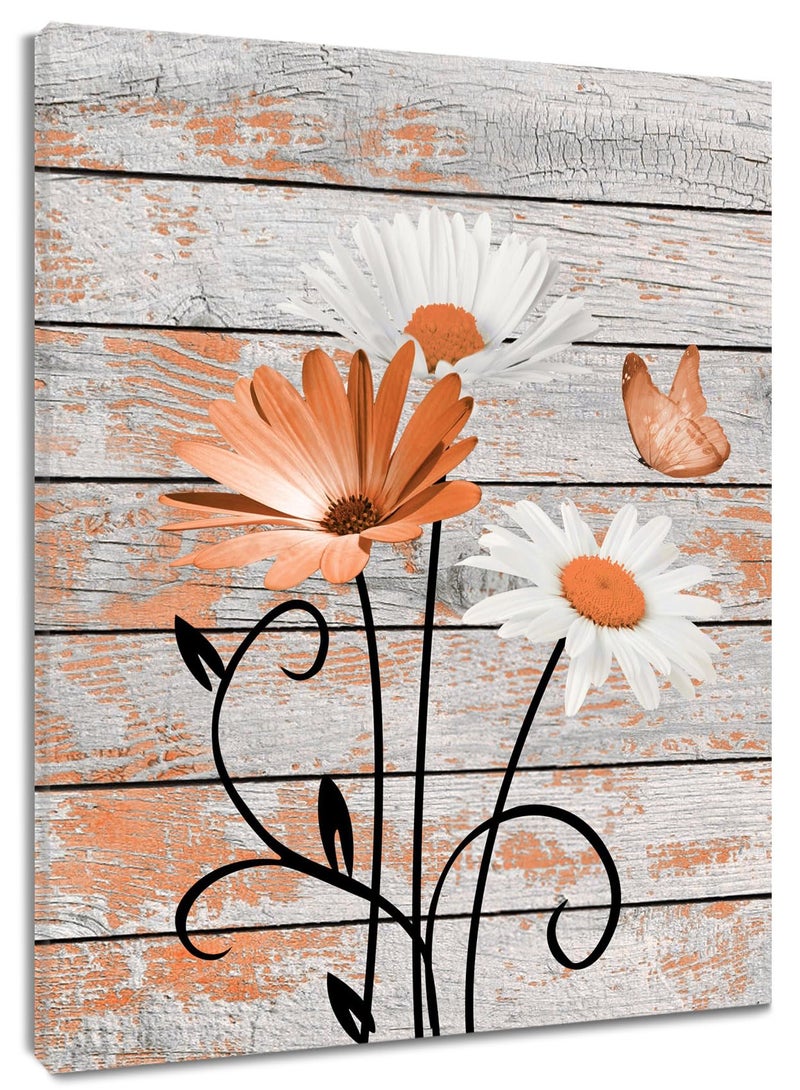 HVEST Farmhouse Orange Floral Wall Art for Living Room, Daisy Flower and Butterfly on Rustic Wood Pictures Wall Decor Nature Plant Framed Canvas Wall Art for Bedroom Bathroom Decor,16L X 12W inches - Image 1