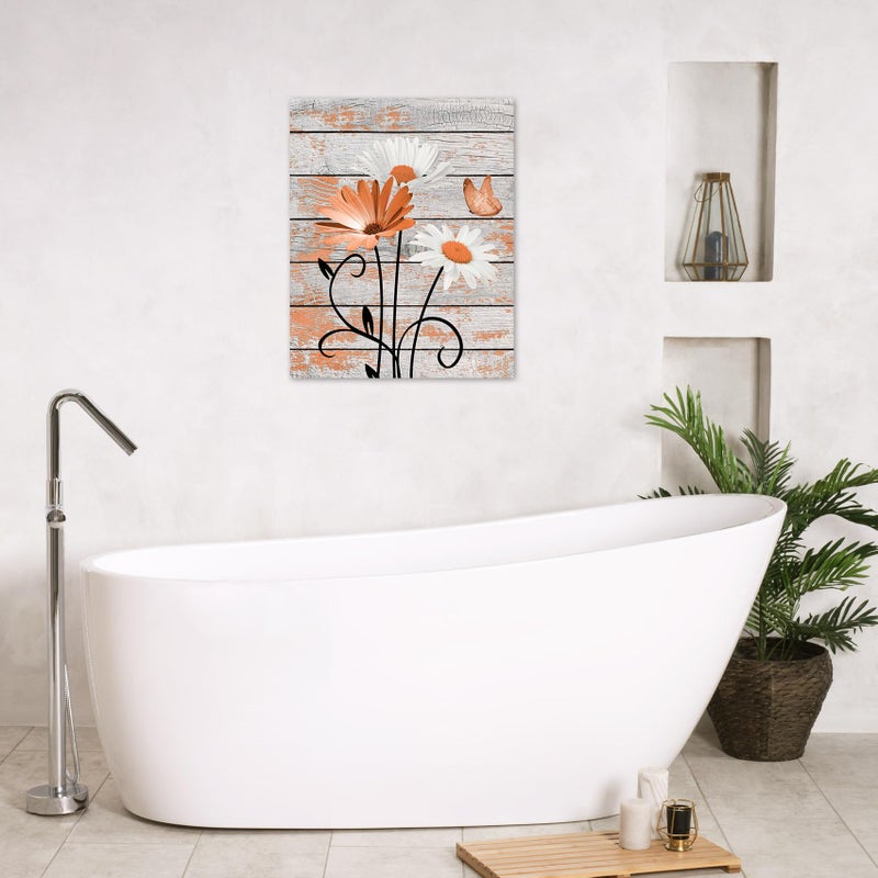 HVEST Farmhouse Orange Floral Wall Art for Living Room, Daisy Flower and Butterfly on Rustic Wood Pictures Wall Decor Nature Plant Framed Canvas Wall Art for Bedroom Bathroom Decor,16L X 12W inches - Image 2