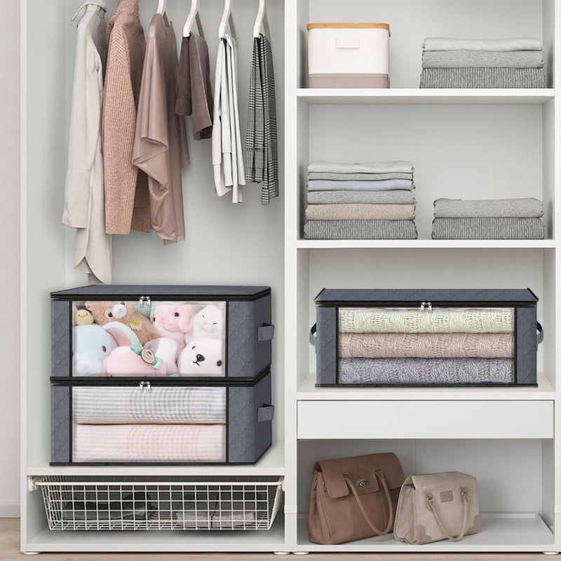 HomeHacks Storage 3-Pack Clothes Organizer Storage Bags Foldable Storage Box with Large Clear Window Sturdy Handles for Closet, Dorm, Pillows, Bedding, Clothes, Blankets, 35L, Gray - Image 5