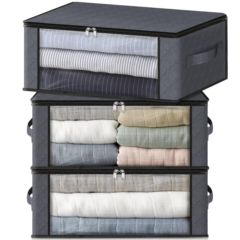 HomeHacks Storage 3-Pack Clothes Organizer Storage Bags Foldable Storage Box with Large Clear Window Sturdy Handles for Closet, Dorm, Pillows, Bedding, Clothes, Blankets, 35L, Gray - Image 1