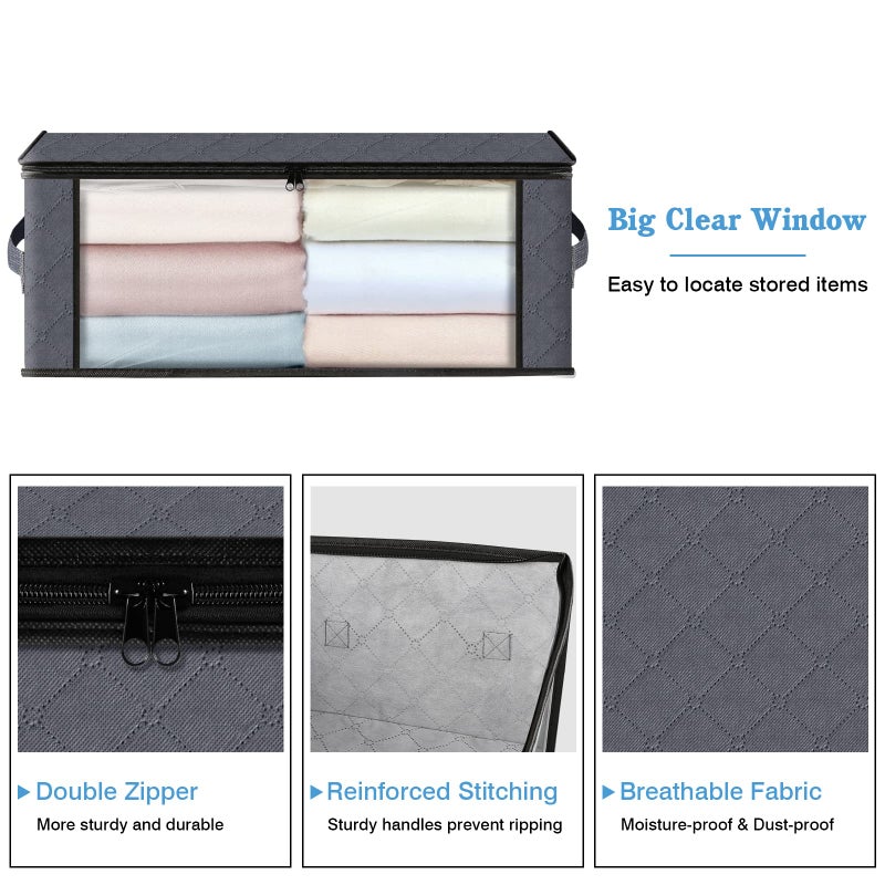 HomeHacks Storage 3-Pack Clothes Organizer Storage Bags Foldable Storage Box with Large Clear Window Sturdy Handles for Closet, Dorm, Pillows, Bedding, Clothes, Blankets, 35L, Gray - Image 3