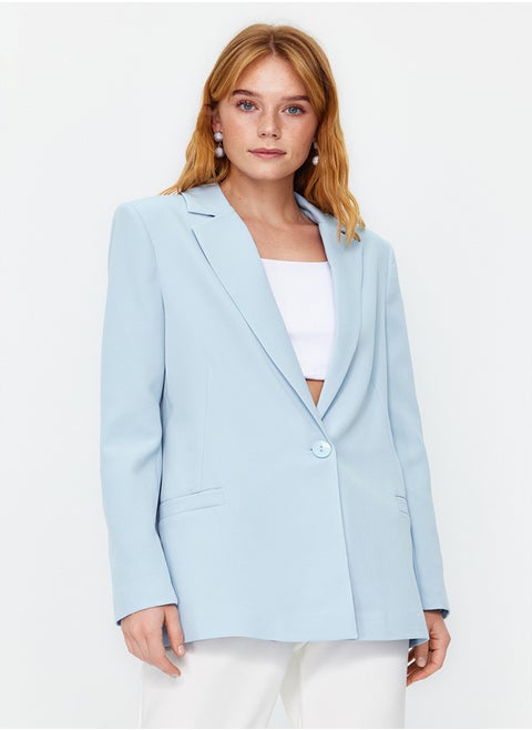 Light Blue Regular Lining Detailed Woven Blazer Jacket TWOAW20CE0316