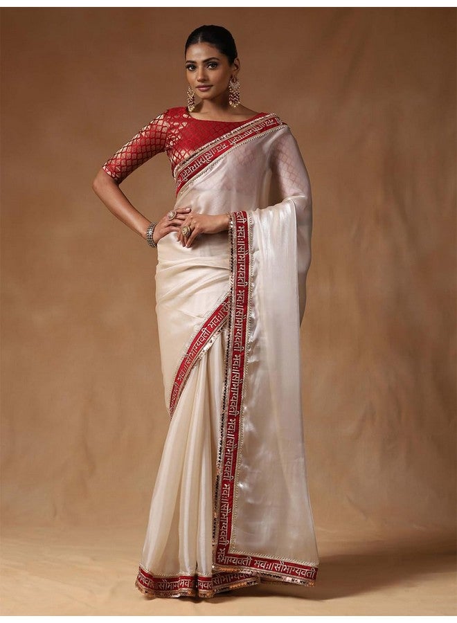 saree mall ساري مول ساري أبيض مزخرف من قماش التول مع قطعة بلوزة غير مخيطة (RADHA2005_RX) - Image 3