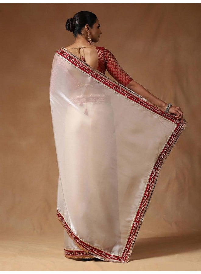 saree mall ساري مول ساري أبيض مزخرف من قماش التول مع قطعة بلوزة غير مخيطة (RADHA2005_RX) - Image 2