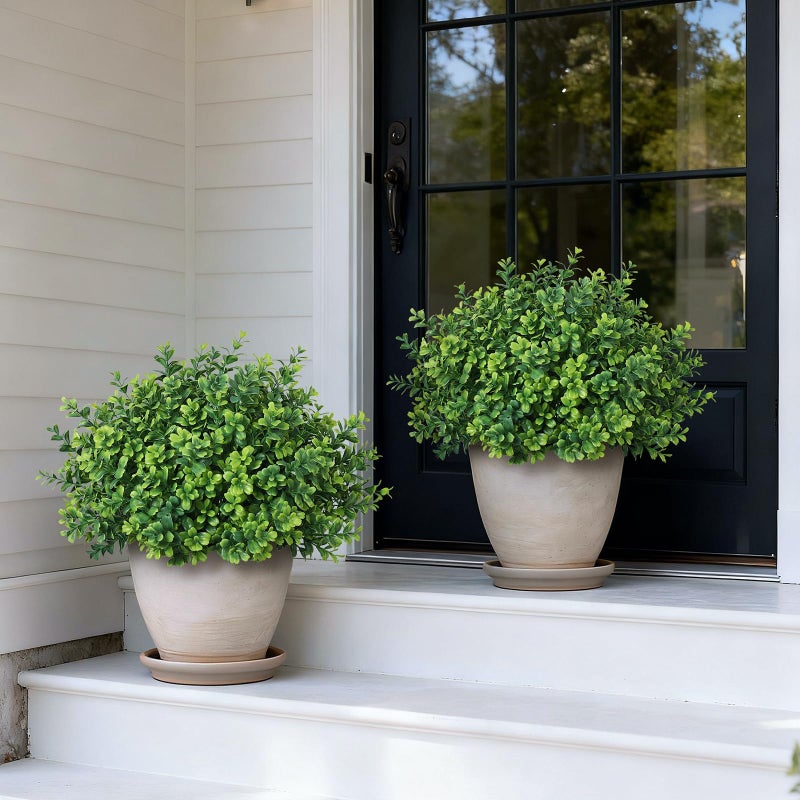 FOTEEWL Set of 2 Artificial Boxwood Topiary Trees for Front Door - Faux Realistic Greenery Potted Plants, Fake Outdoor UV-Resistant Bushes with Pots for Porch,Farmhouse,Home,Garden Decor - Image 2
