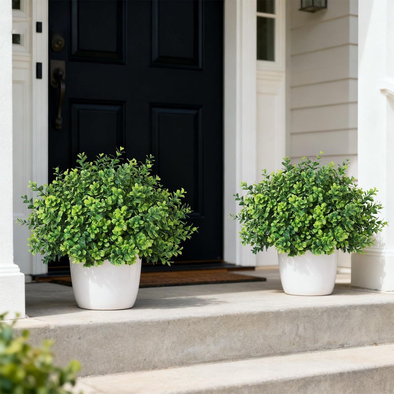 FOTEEWL Set of 2 Artificial Boxwood Topiary Trees for Front Door - Faux Realistic Greenery Potted Plants, Fake Outdoor UV-Resistant Bushes with Pots for Porch,Farmhouse,Home,Garden Decor - Image 4
