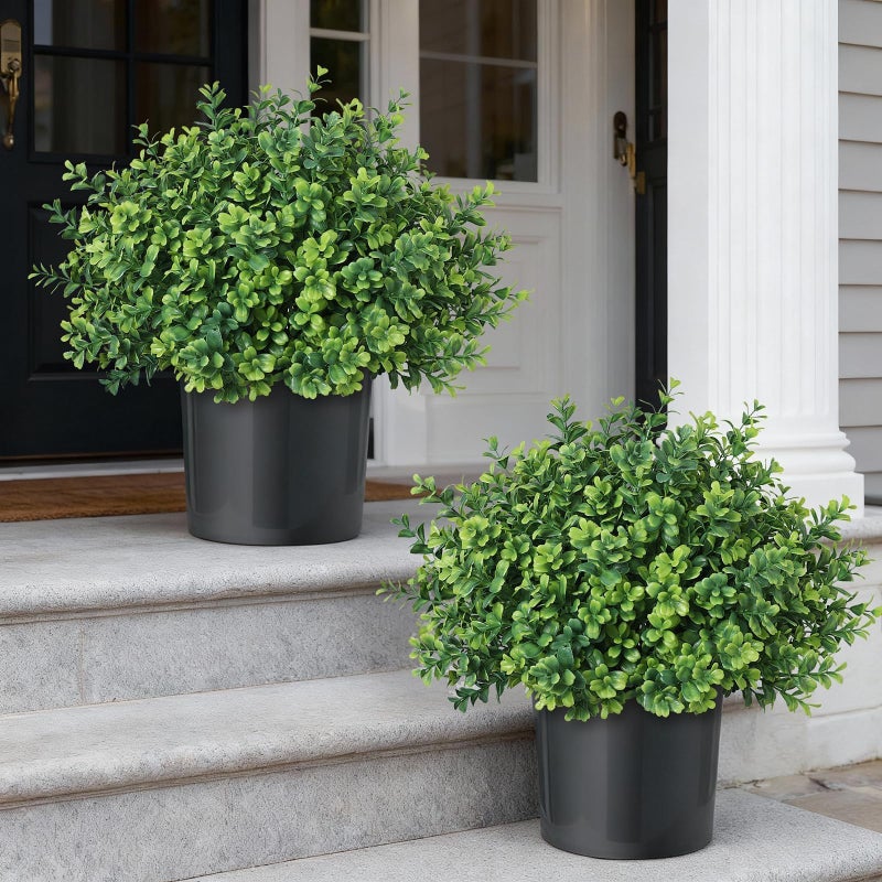 FOTEEWL Set of 2 Artificial Boxwood Topiary Trees for Front Door - Faux Realistic Greenery Potted Plants, Fake Outdoor UV-Resistant Bushes with Pots for Porch,Farmhouse,Home,Garden Decor - Image 1