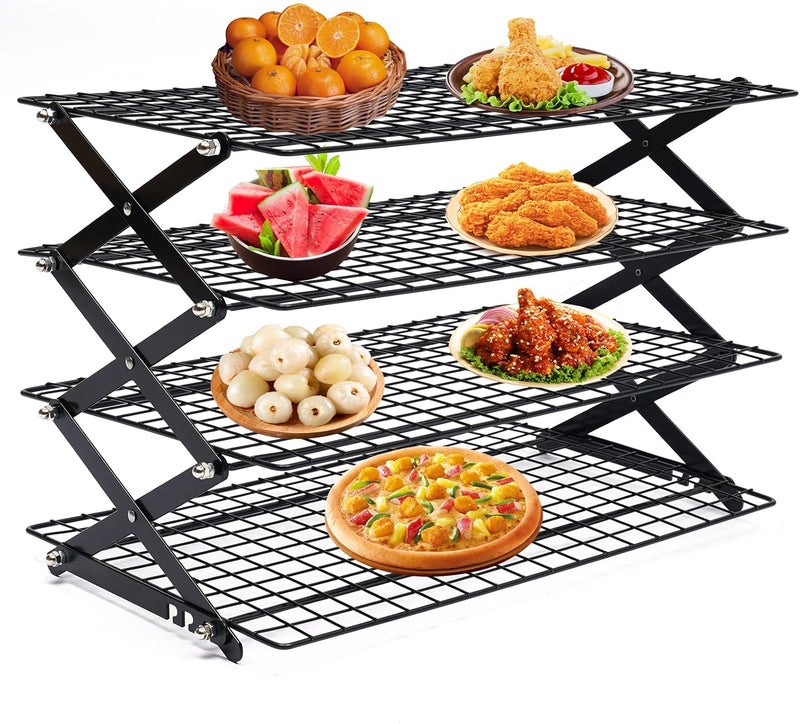 DMSIDN 4-Tier Collapsible Cooling Rack, Adjustable Stackable Roasting Cooking Drying Wire, Barbecue Storage Display Shelf for Cookies Baking Picnic Party - Image 1