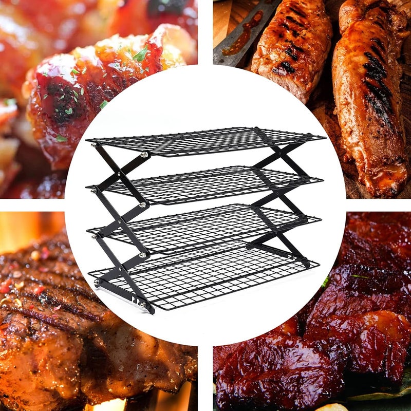 DMSIDN 4-Tier Collapsible Cooling Rack, Adjustable Stackable Roasting Cooking Drying Wire, Barbecue Storage Display Shelf for Cookies Baking Picnic Party - Image 2