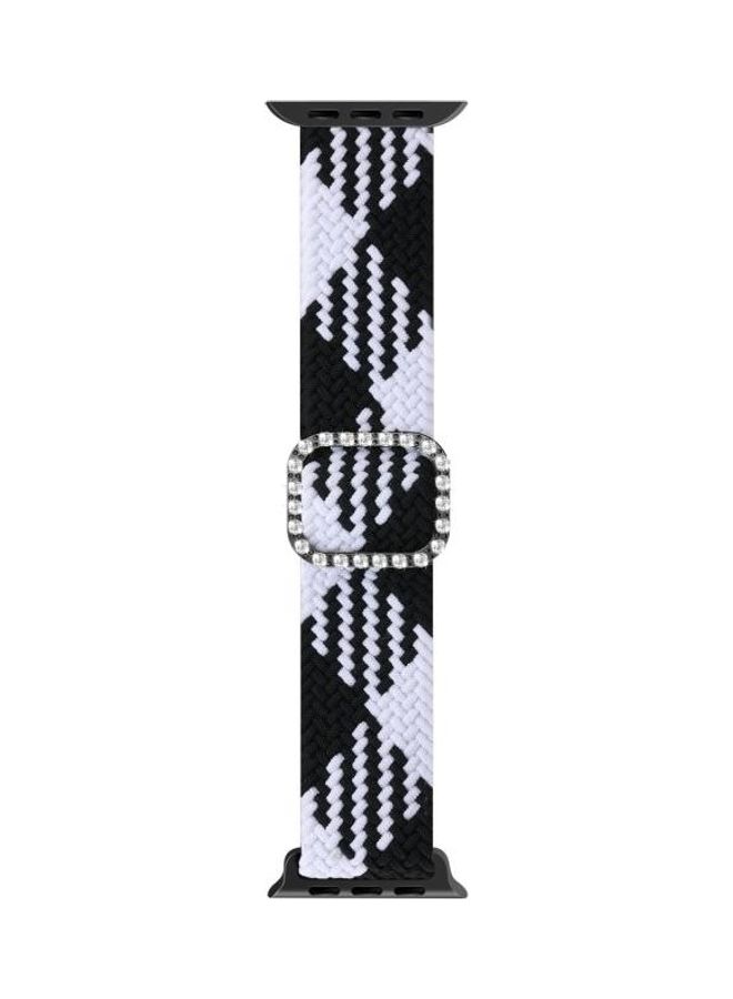 نيبمينينت سوار بديل من النايلون بتصميم مضفر مرن قابل للتعديل بإبزيم مرصع بالألماس لساعة أبل سيريس 7/6/SE/5/4/3/2/1 مقاس 41/40/38 مم أسود/ أبيض - Image 2