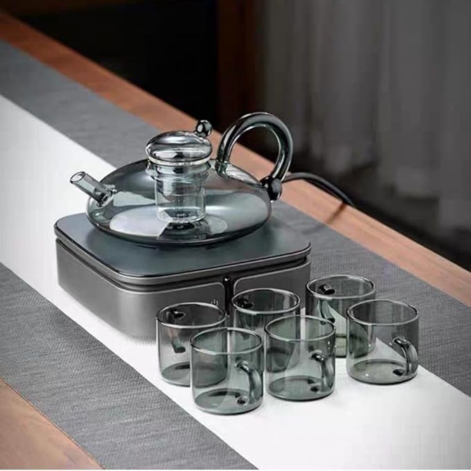 ريحني إبريق شاي أسود من زجاج البورسليكات آمن للاستخدام على الموقد، مناسب لتحضير أوراق الشاي المتفتحة، هدية عيد الميلاد، غلاية شاي زجاجية بمقبض خشبي، حجم كبير للنساء والبالغين، لون رمادي دخاني - Image 5