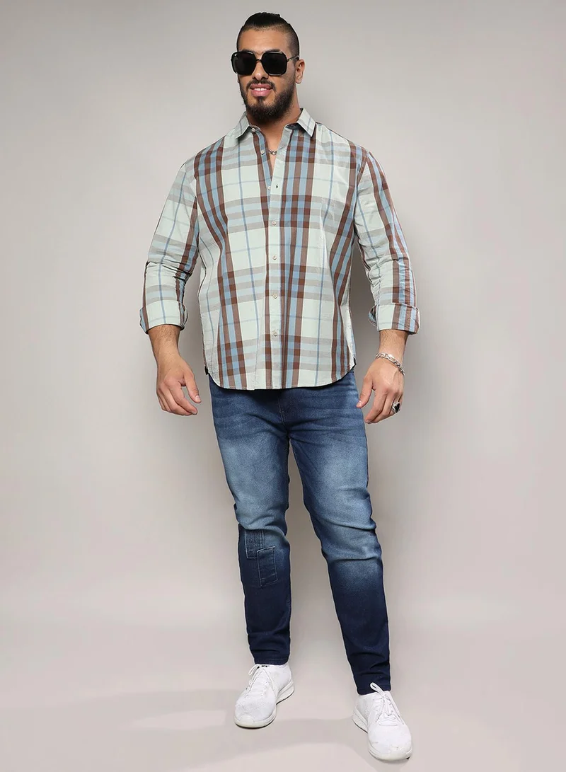 Instafab Plus Instafab Plus Men's Sage Green Tartan Plaid Button Up Plus-Size Fit Shirt For Casual Wear | Cotton Spread Collar Shirt Crafted With Regular Sleeve & Comfort Fit For Everyday Wear
