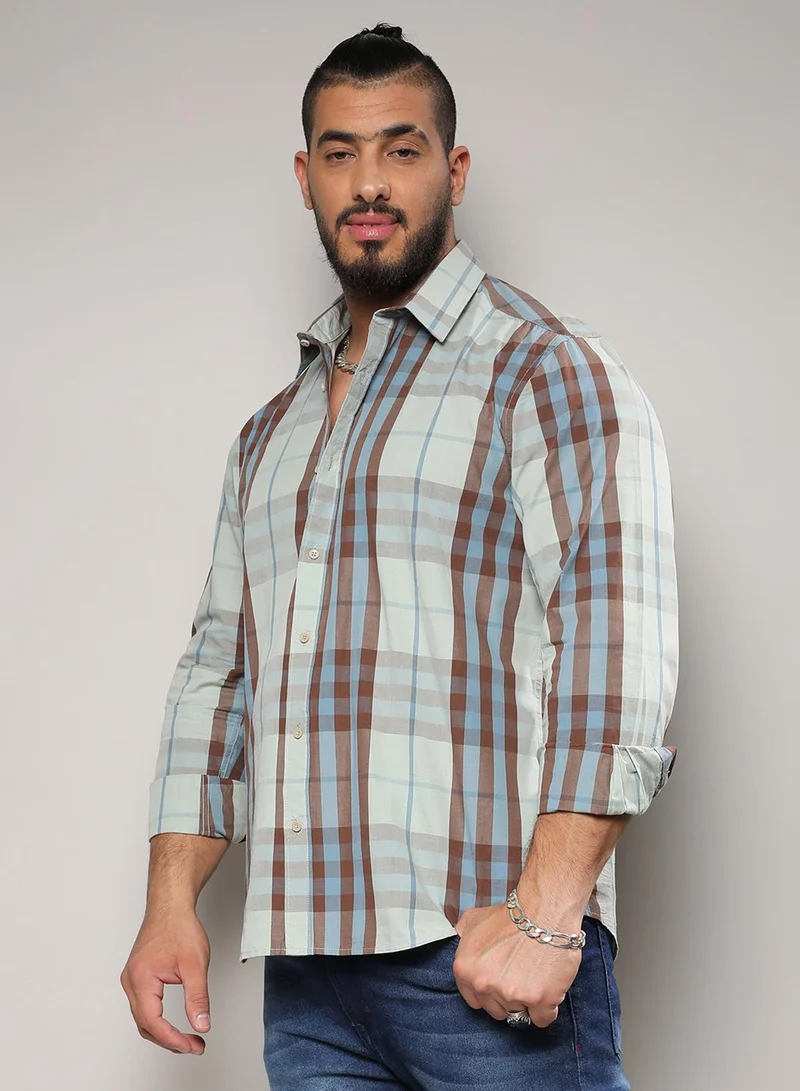 Instafab Plus Instafab Plus Men's Sage Green Tartan Plaid Button Up Plus-Size Fit Shirt For Casual Wear | Cotton Spread Collar Shirt Crafted With Regular Sleeve & Comfort Fit For Everyday Wear