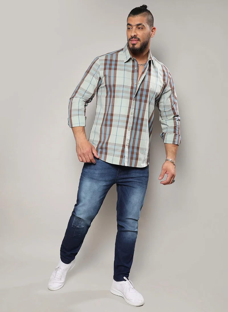 Instafab Plus Instafab Plus Men's Sage Green Tartan Plaid Button Up Plus-Size Fit Shirt For Casual Wear | Cotton Spread Collar Shirt Crafted With Regular Sleeve & Comfort Fit For Everyday Wear