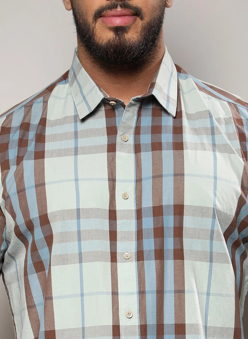 Instafab Plus Instafab Plus Men's Sage Green Tartan Plaid Button Up Plus-Size Fit Shirt For Casual Wear | Cotton Spread Collar Shirt Crafted With Regular Sleeve & Comfort Fit For Everyday Wear
