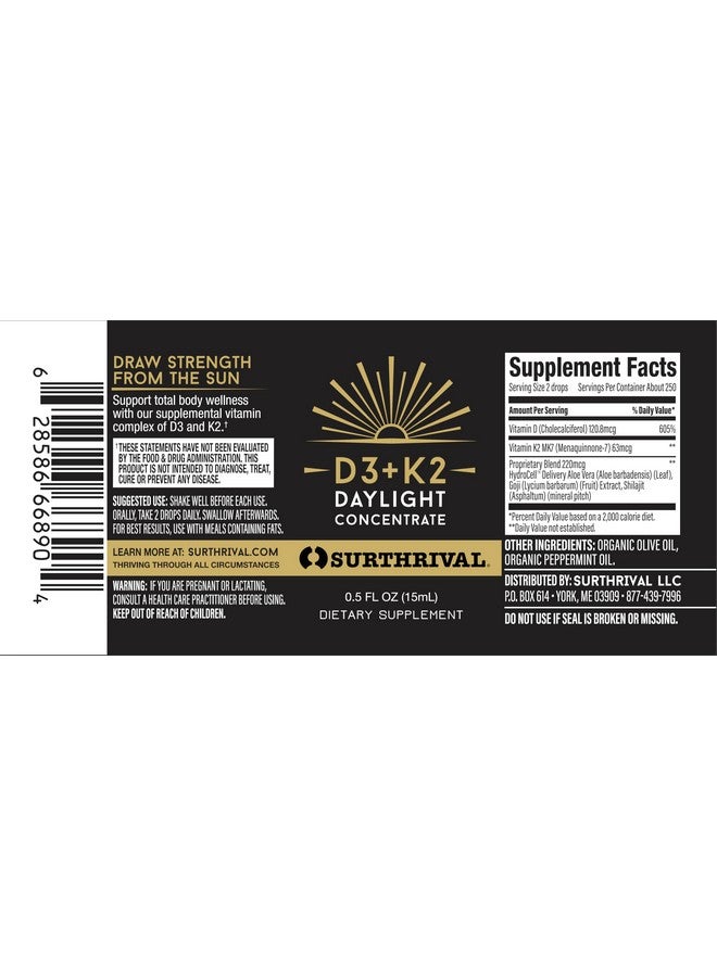 Surthrival: Vitamin D3+K2 Daylight Concentrate, AKA The Sunshine Vitamin, 0.5 oz, Approx. 270 Servings, Supports Immune, Cardiovascular & Bone Health - Image 5