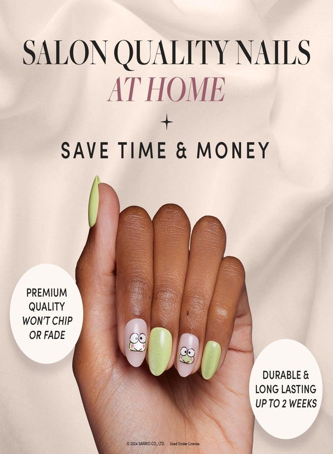 Glamnetic x Hello Kitty® and Friends Press On Nails - Keroppi™ | Short Oval Pastel Green Graphic Fake Nails in a Velvet Finish | 15 Sizes - 30 Nail Kit with Glue - Image 2