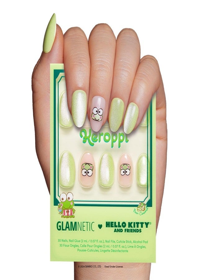 Glamnetic x Hello Kitty® and Friends Press On Nails - Keroppi™ | Short Oval Pastel Green Graphic Fake Nails in a Velvet Finish | 15 Sizes - 30 Nail Kit with Glue - Image 1