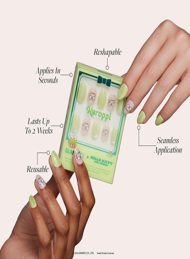 Glamnetic x Hello Kitty® and Friends Press On Nails - Keroppi™ | Short Oval Pastel Green Graphic Fake Nails in a Velvet Finish | 15 Sizes - 30 Nail Kit with Glue - Image 3