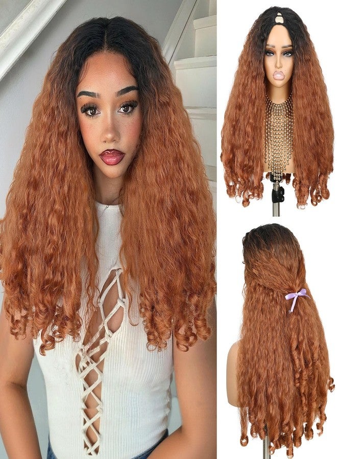 Quantum Love Yaki Curly V Part Wigs for Black Women Afro Curly V Part Synthetic Braided Hair 24 Inch Kinky Curly Clip in Half Ombre Brown Wig with Bouncy Curls - Image 1