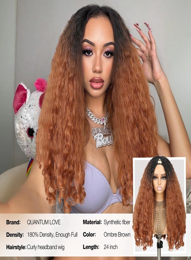 Quantum Love Yaki Curly V Part Wigs for Black Women Afro Curly V Part Synthetic Braided Hair 24 Inch Kinky Curly Clip in Half Ombre Brown Wig with Bouncy Curls - Image 5