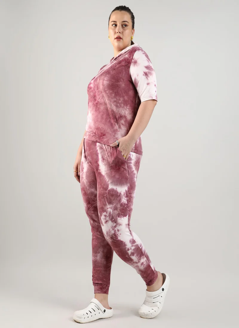Instafab Plus Women's Wine Red Tie-Dye Co-Ord Set For Casual Wear | Hooded Neck | Short Sleeve | Pull On Closure | Plus-Size Co-Ords Crafted With Comfort With For Everyday Wear
