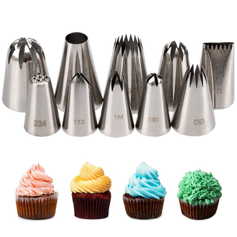 Kayaso Cake Decorating Icing Piping Tip Set, 10 X-large Decorating Tips Stainless Steel Plus 20 Disposable Pastry Bags - Image 1
