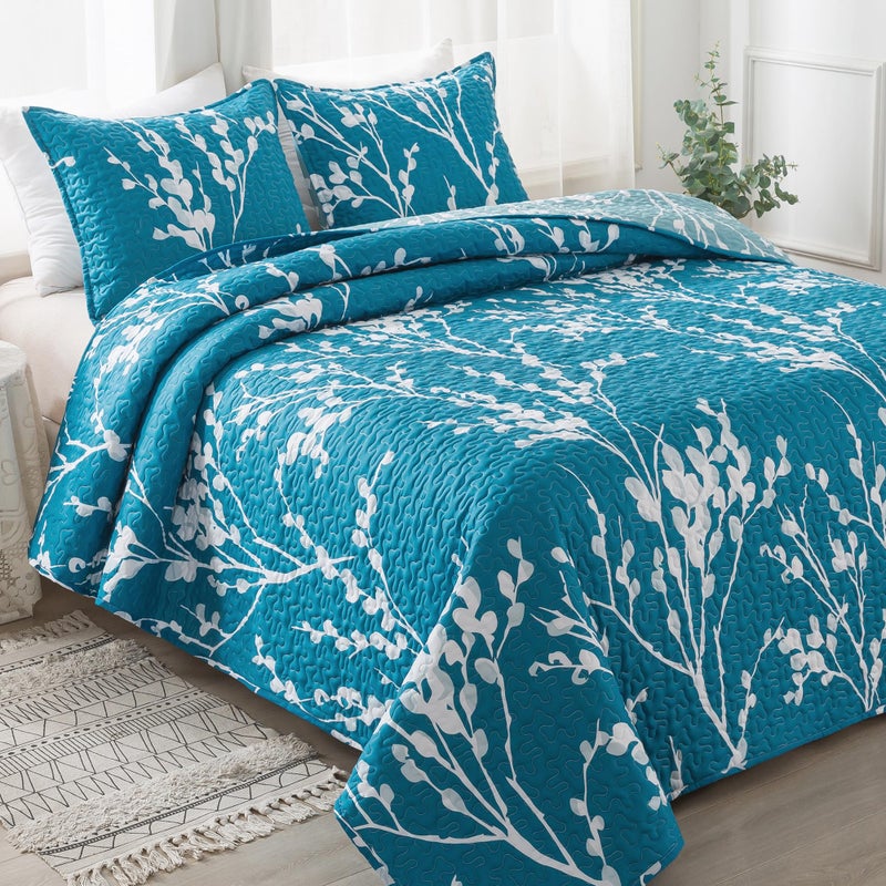 Andency Teal Blue Quilt Queen Size (96x90 Inch)  3 Pieces Fall Floral Lightweight Bedspread  Microfiber Reversible Quilted Coverlet with 2 Pillowcases for Men Women - Image 1