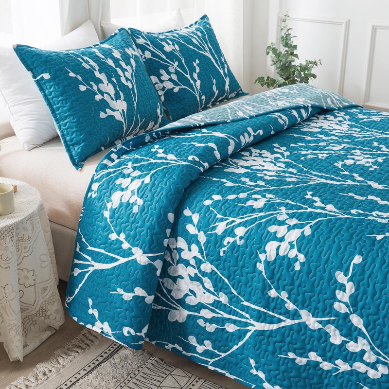 Andency Teal Blue Quilt Queen Size (96x90 Inch)  3 Pieces Fall Floral Lightweight Bedspread  Microfiber Reversible Quilted Coverlet with 2 Pillowcases for Men Women - Image 5
