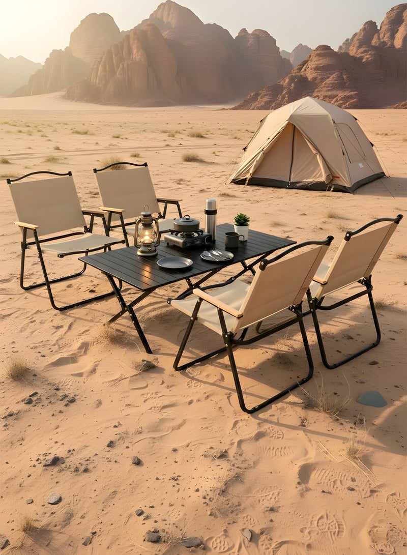 Taimi 5-Piece Camping Set | Portable Camping Table with 4 Chairs, Folding Black Table with Carrying Bag 120x60x45cm, and 4 Beige Folding Chairs Black, Metal Frame, Armrests - Image 1
