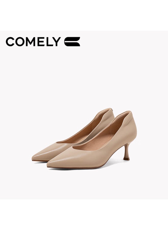 Comely Women's High Heels Spring Pointed Toe Single Shoes With Soft Sole Fashion Simple Professional Work Shoes Pink Apricot Color Size 39 - Image 1