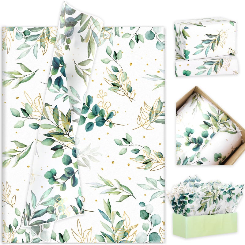 Whaline 60 Sheets Greenery Tissue Paper Green Gold Eucalyptus Leaves Gift Wrapping Paper Decorative Art Paper for DIY Crafts Small Business Party Supplies 14 x 20 Inch