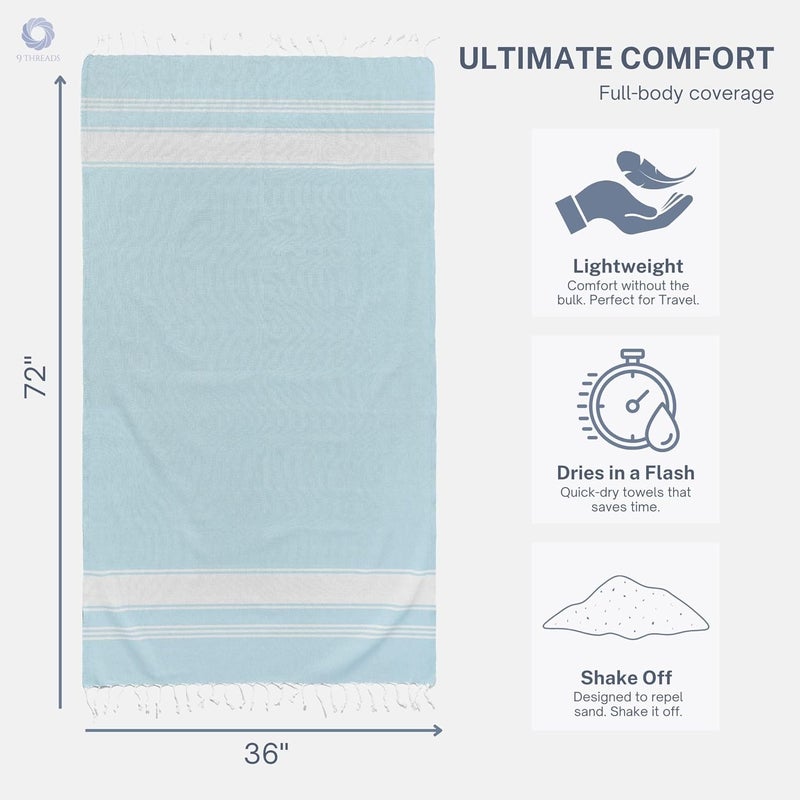 9Threads Cotton Turkish Beach Towel Towels Oversized 36"x72" Pool Absorbent Extra Large Quick Dry Sand Travel Towel (Aqua Blue, 2 Pack) - Image 5