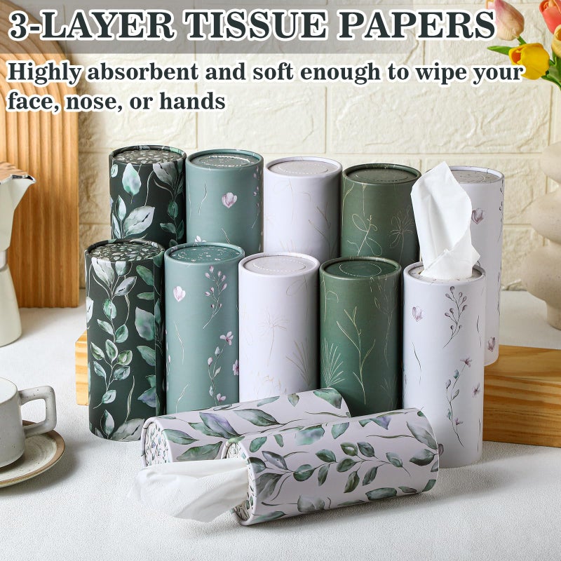 Layhit 12 Pcs Car Tissues Round Facial Tissues Boxes Vintage Floral Printed Travel Cylinder Cube Holder Bulk for Car Cup Holder(Fresh) - Image 4