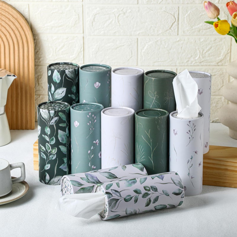 Layhit 12 Pcs Car Tissues Round Facial Tissues Boxes Vintage Floral Printed Travel Cylinder Cube Holder Bulk for Car Cup Holder(Fresh) - Image 1