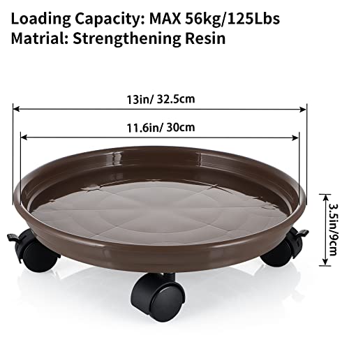 Skelang 13" Plant Caddy, Movable Plant Stand Pot Saucer, Plant Pallet Tray Trolley with Casters, Plant Dolly for Garden Planter, Deck Potted Plant, Each Load Capacity 125 Lbs, Pack of 2 (Brown) - Image 3