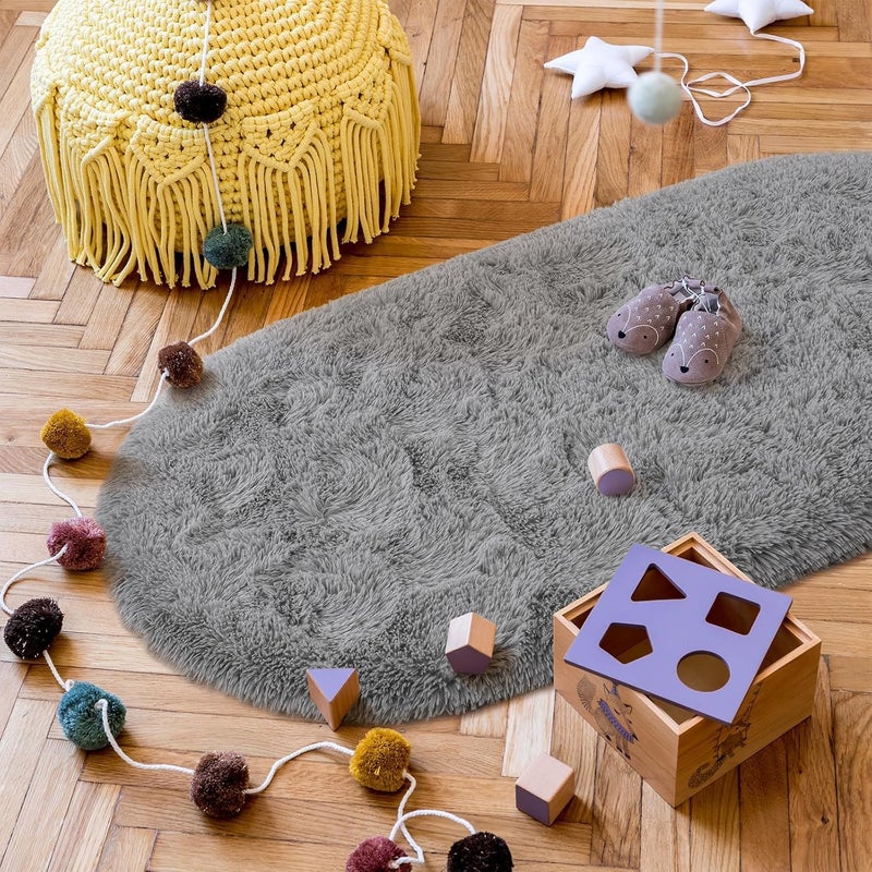 Moofcy Solid Color Area Rug – Soft Plush Carpet for Living Room, Bedroom, Kids Room, Kitchen – Multiple Sizes, Shapes & Colors – Non-Slip, Easy to Clean Modern Floor Rug - (Grey, Oval, 3x5 feet) - Image 2