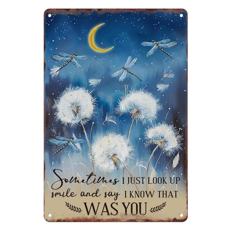 Sanwarm Metal Sign 8X12 Inch  Just Look Up Smile Say I Know That Was You Dragonfly Dandelion Inspiring Vintage Tin Sign Wall Art Decor for Home  Living Room  Bedroom  Office  Cafe And Pub Decoration - Image 1