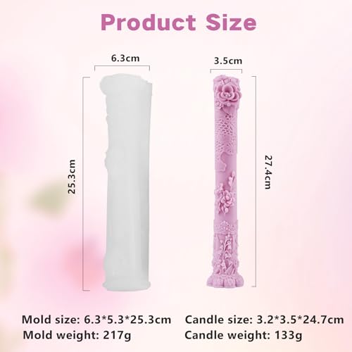 PEVOGON Vintage Long Pillar Candle Mold, Intricate Floral Design Silicone Mold for DIY Candle Making Plaster Polymer Clay Home Decoration - Image 2