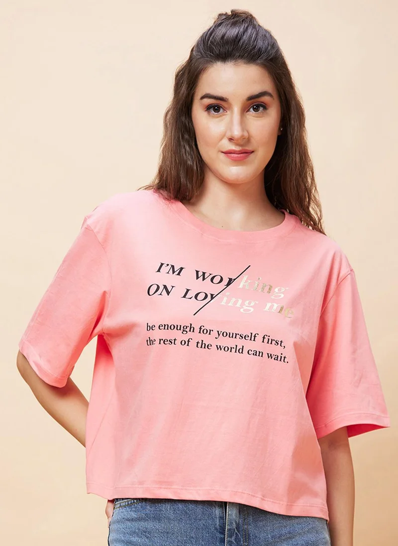 Globus Globus Women Typography Printed Pure Cotton Crop Oversized T-Shirt