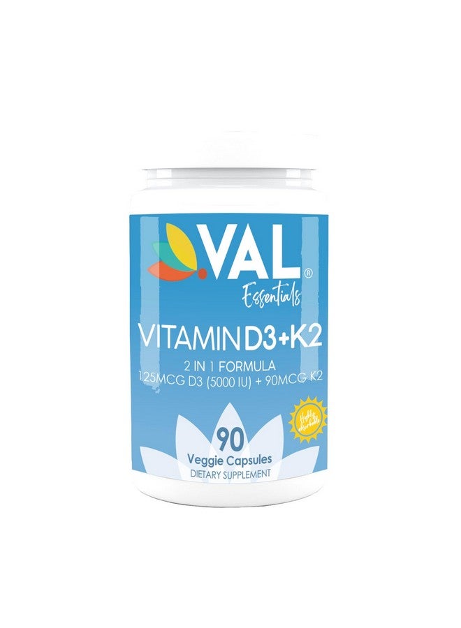 VAL Essentials Vitamin K2 + D3 Supplement - High Potency 5000 IU D3 & 90 mcg K2 MK-7, Non-GMO, Easy to Swallow Vitamin D & K Complex, 90 Vegetarian Capsules - Image 1